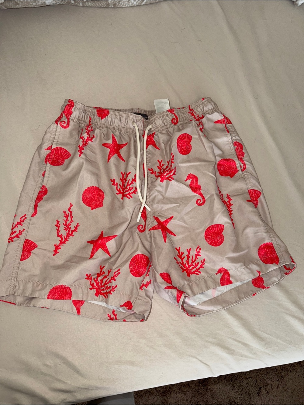 H&M Beige Swim Shorts with Bright Red Sea Life Print